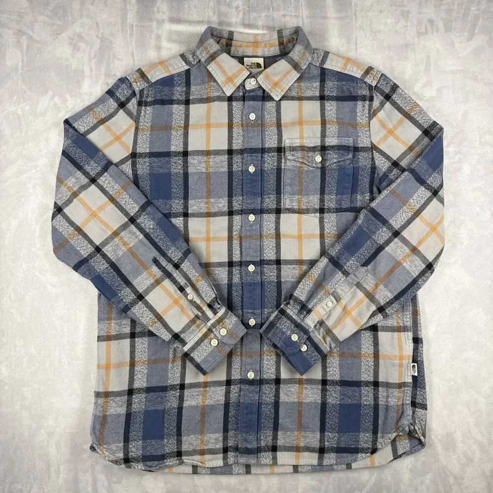The North Face Men's L Plaid Flannel Shirt Blue Gray Tan Long Sleeve Button Up